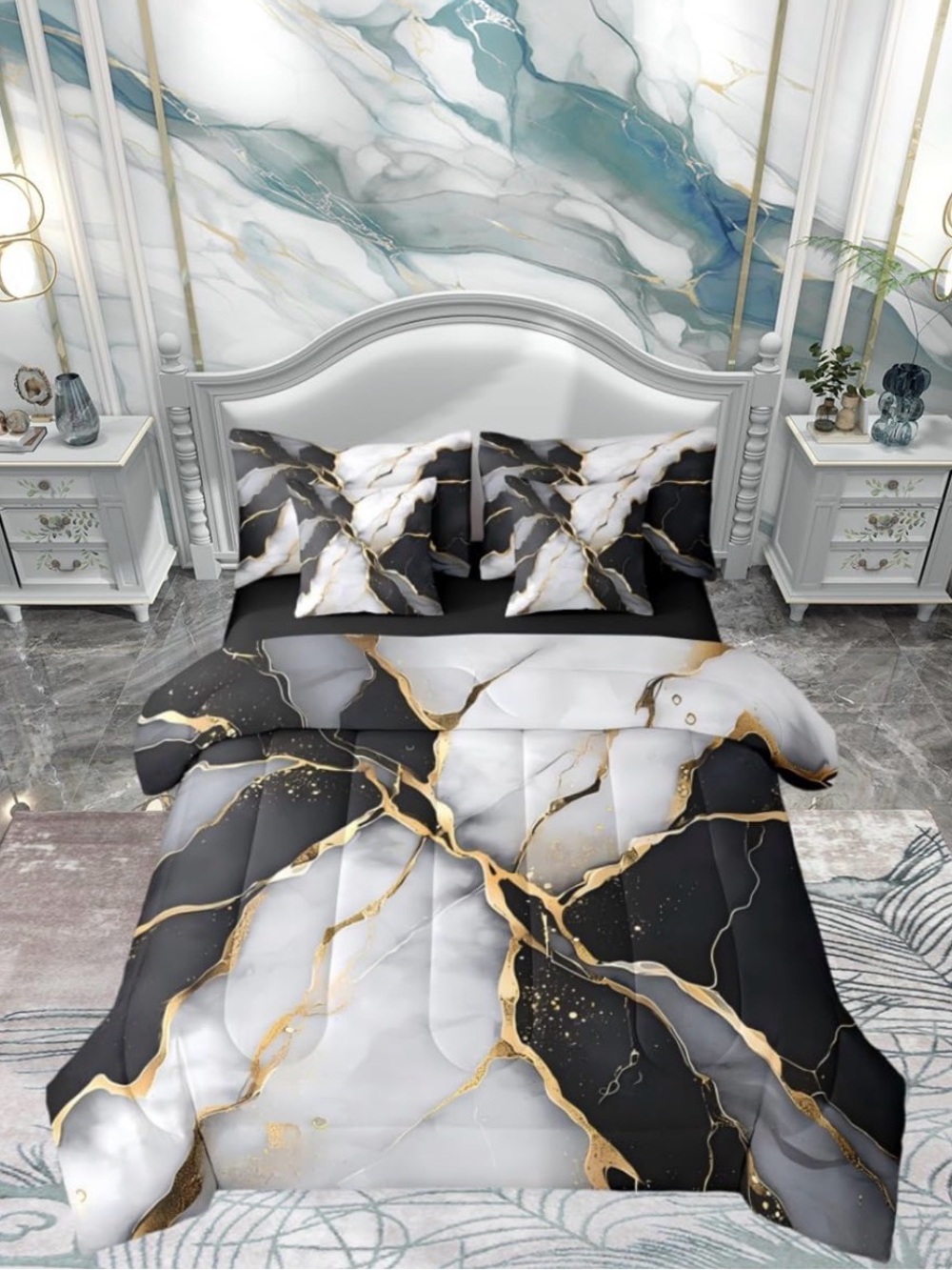 Marble Comforter Set King, 7 Pcs Stone Pattern Fluid Bed Set